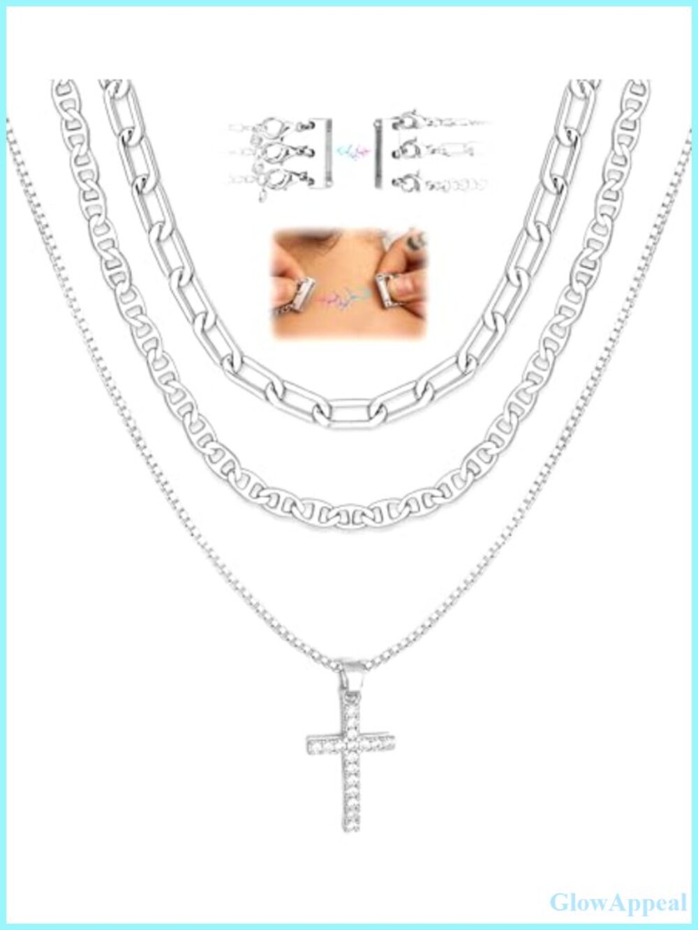 14K Gold Plated Cross Necklace Paperclip Chain Stack Magnetic Clasp